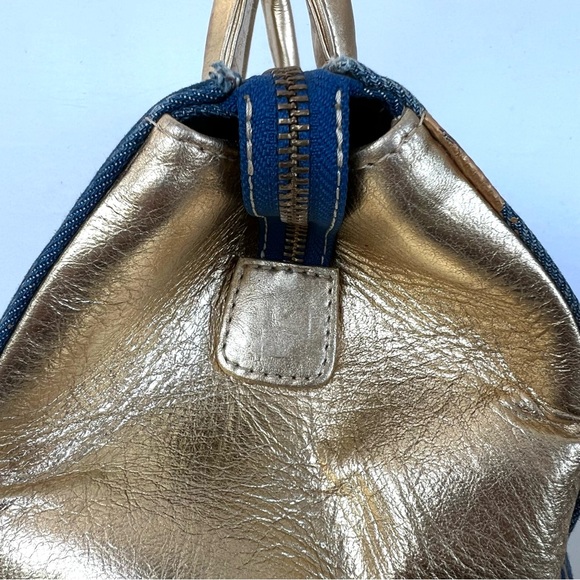 JUNIOR DRAKE Metallic Gold Studded Leather Blue Denim Weekender Oversized Tote - Picture 5 of 16
